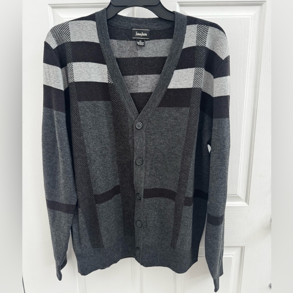 Neiman Marcus Charcoal and Black Striped Cardigan